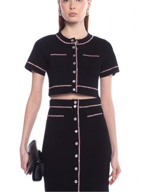 Sandro Black Rhinestone Trim Cropped Cardigan Top Size 0 XS